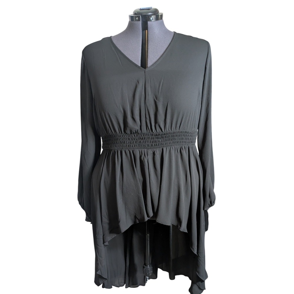 Torrid 3 Black Smocked Sheer Mesh High Low Tunic Top Sheer Long Sleeve 3X Witchy